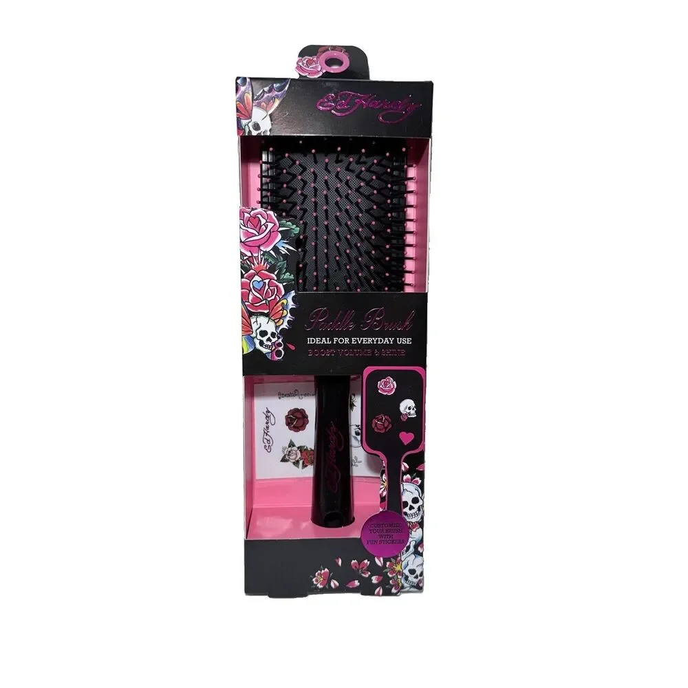 Ed Hardy Paddle Hair Brush Black Pink with Customize Fun Stickers New In Box